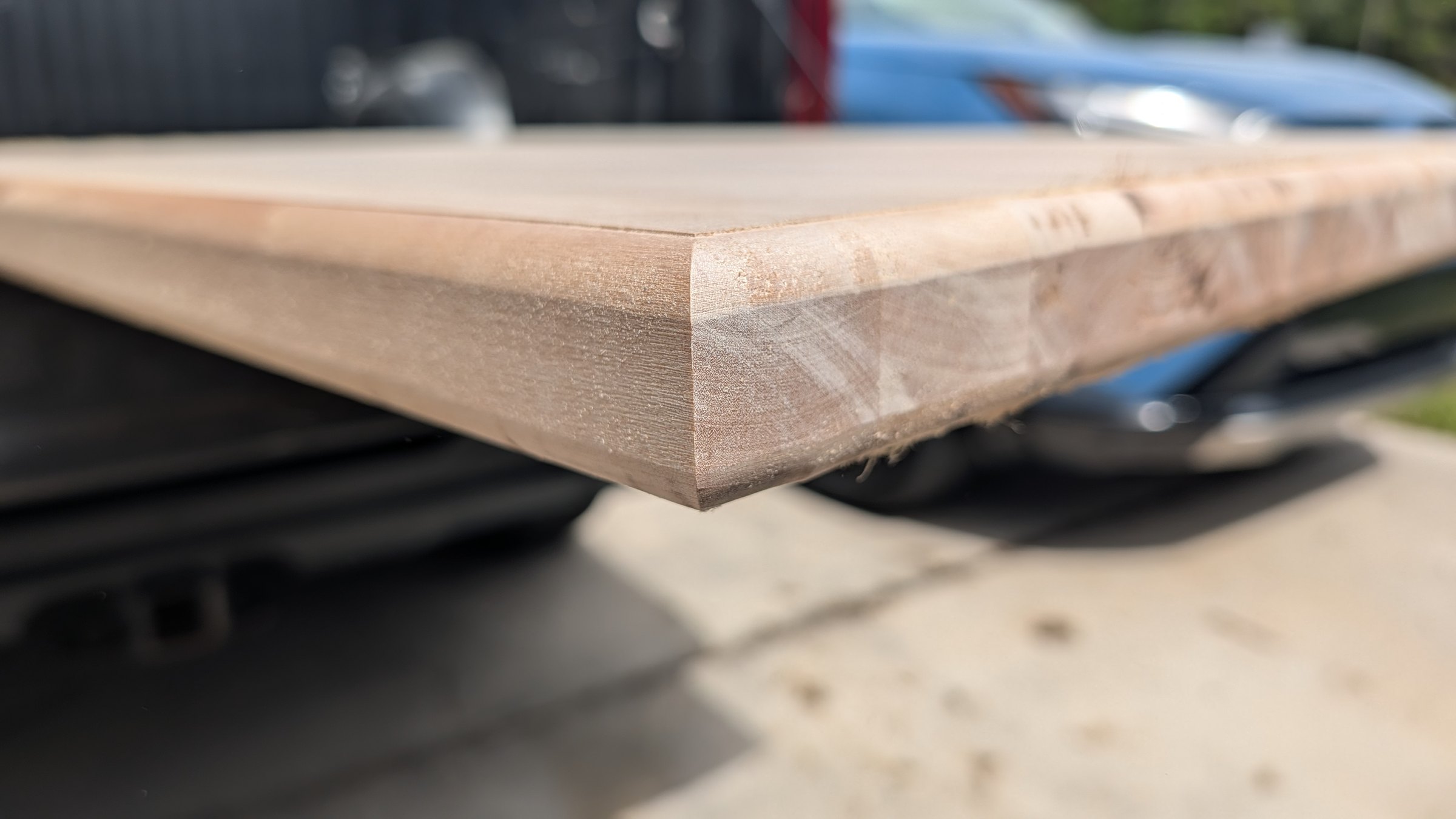 Close-up of the rounded birch butcher-block edge