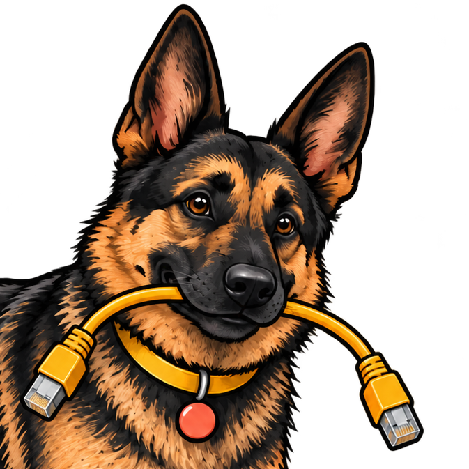 Packet, the SloanOps German shepherd, carries a network cable.