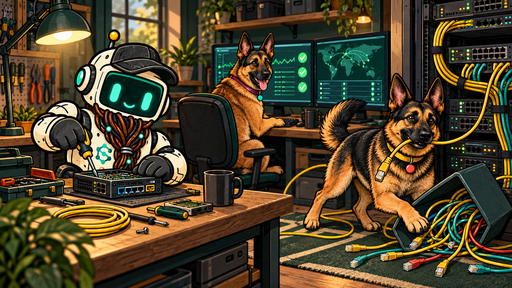 Patch builds a network device while Ping monitors uptime and Packet pulls a loose cable in the SloanOps workshop