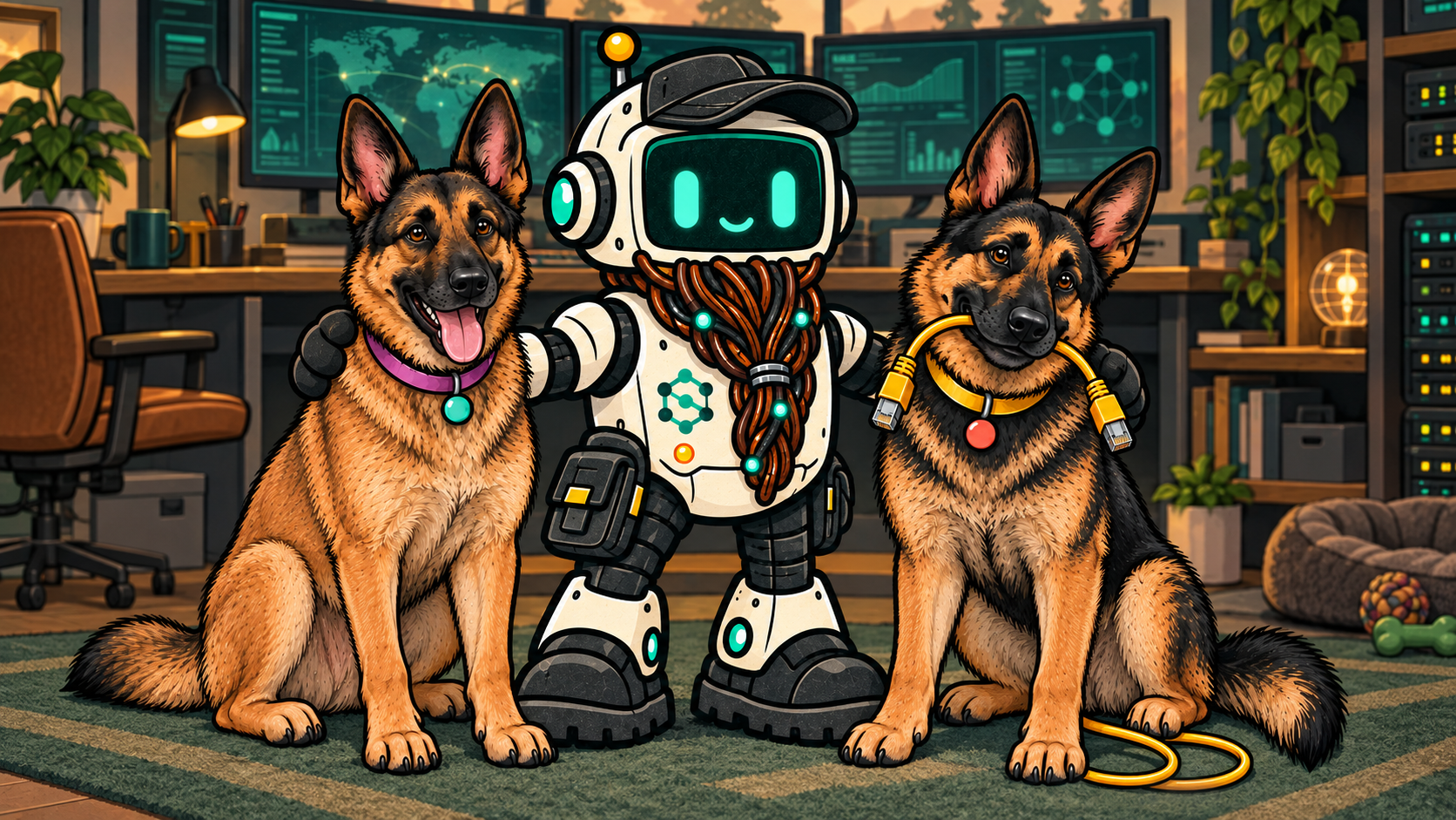Patch, Ping, and Packet pose together in the SloanOps operations room
