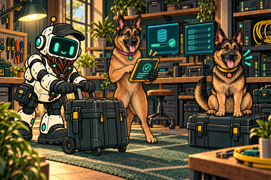 Patch rolls backup cases into the workshop while Ping verifies the backup and Packet guards a case.