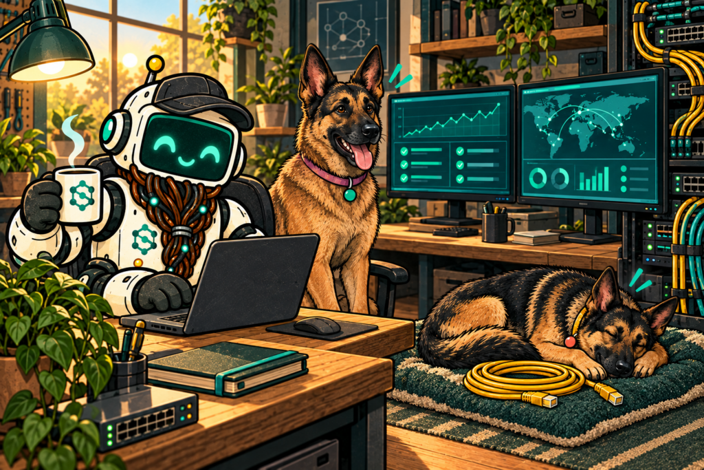 Patch begins the morning with coffee while Ping watches the dashboard and Packet sleeps beside a coiled cable.