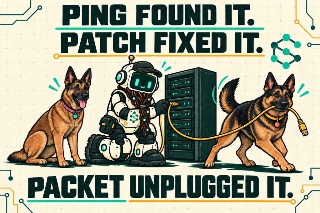 Ping alerts Patch to a disconnected cable while Packet stands beside the unplugged connection.
