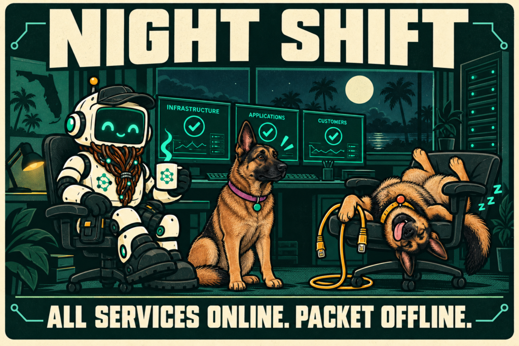 Patch, Ping, and Packet monitor systems together during a quiet night shift.