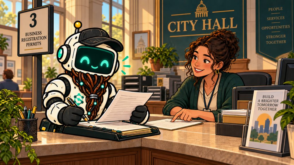 Patch completes business registration paperwork with a clerk at City Hall.